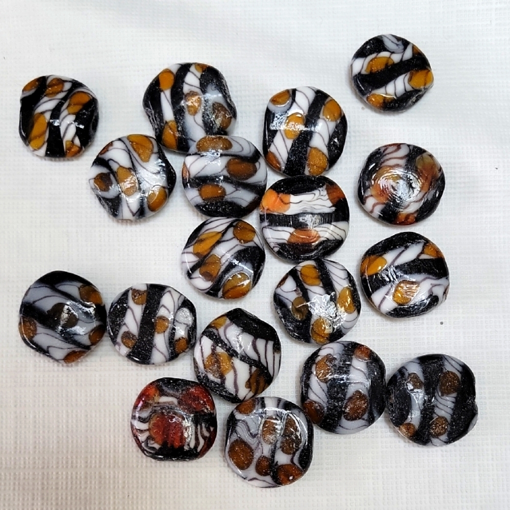 100, 22mm, Artistic Glass Beads in Black, White, and Orange